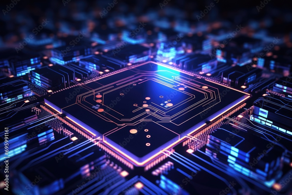 Circuit board background. 3d rendering, 3d illustration, Abstract computer circuit board and IC chip lines are illuminated with neon lights in suitable for wallpaper background, AI Generated Circuit board background. 3d rendering, 3d illustration, Abstract computer circuit board and IC chip lines are illuminated with neon lights in suitable for wallpaper background, AI Generated