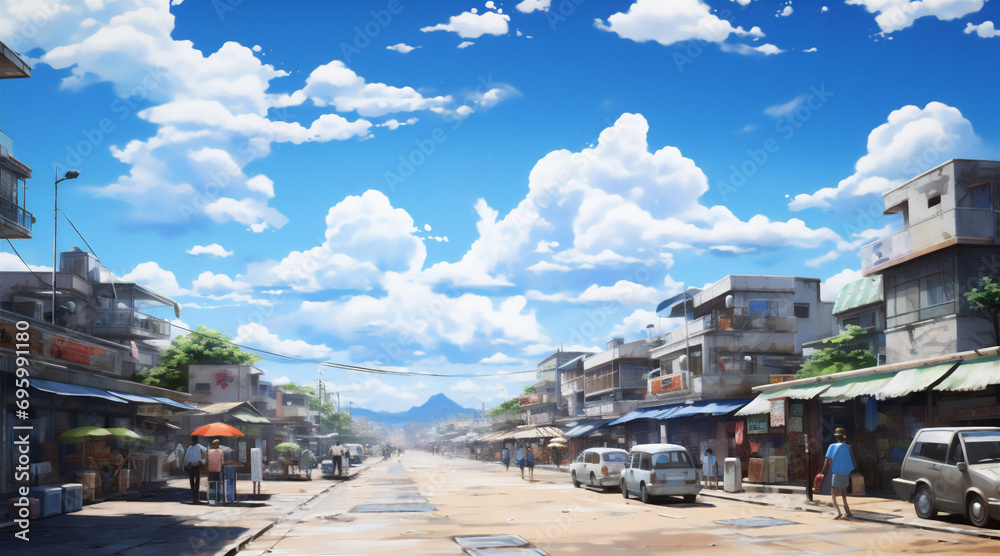 Scene of a small town in latin america, open sky and clouds, digital illustration