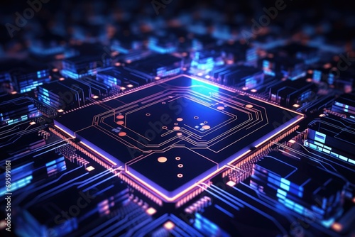 Circuit board background. 3d rendering, 3d illustration, Abstract computer circuit board and IC chip lines are illuminated with neon lights in suitable for wallpaper background, AI Generated