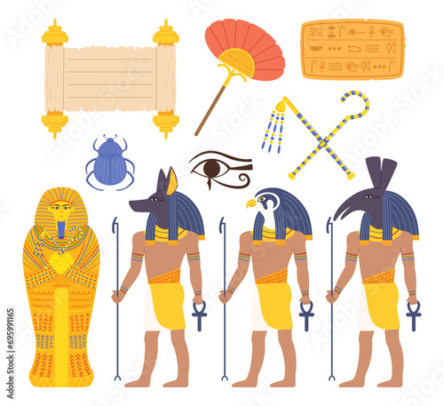 Egypt Landmarks and Religious Elements Set. Pharaoh Sarcophagus, Scroll, Hieroglyphs, Fan and Scarab. Gods Anubis, Ra