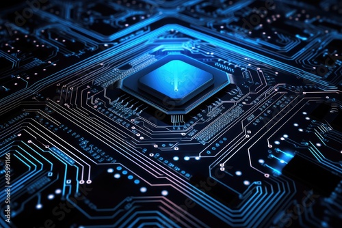 Circuit board background. 3d rendering, 3d illustration, Abstract computer circuit board and IC chip lines are illuminated with neon lights in suitable for wallpaper background, AI Generated