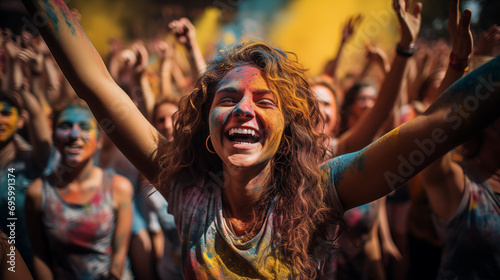 Holi festival - Happy young woman covered with colored powder dancing in the crowd