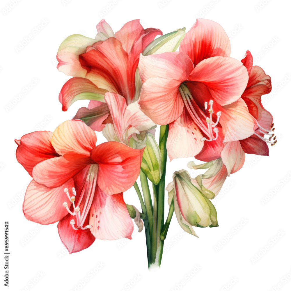Big Beautiful Red and White Amaryllis Flowers Bouquet Botanical Watercolor Painting Illustration