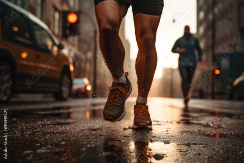 Runners Pacing through the City Streets on a Rainy Day