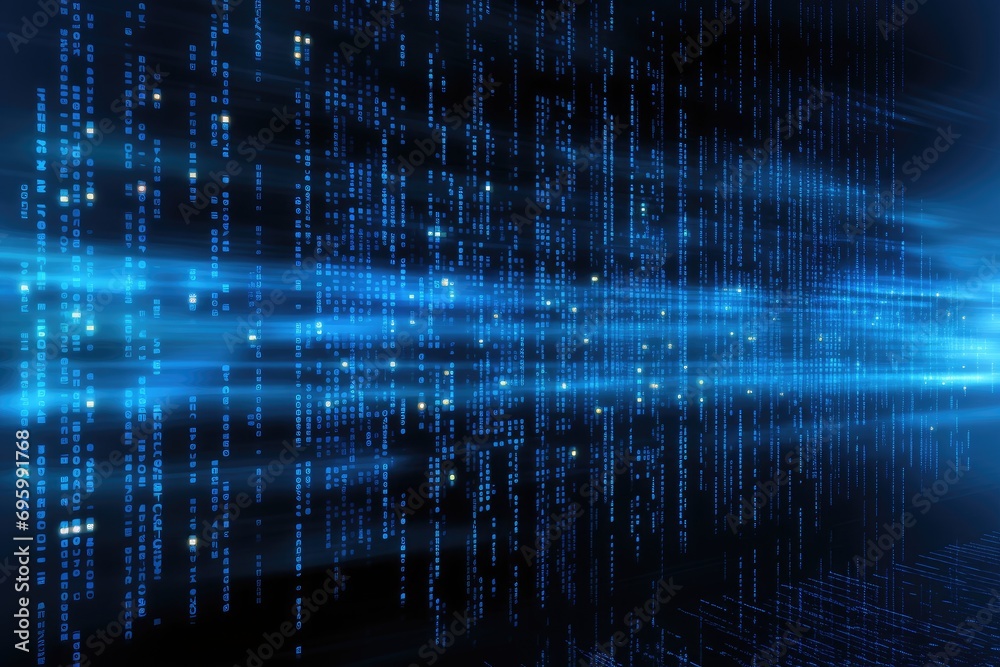 Binary code on a dark blue background. Computer generated illustration, Digital binary code and AI algorithms running in the background, Modern server way, AI Generated