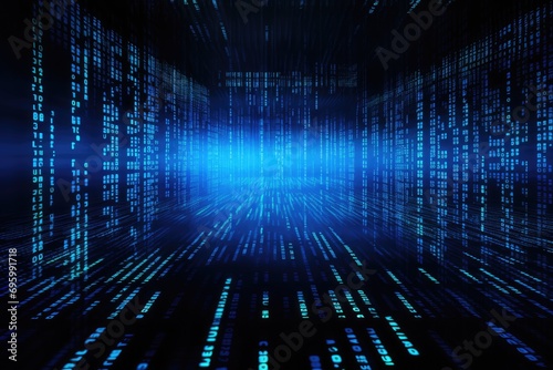 binary code on the dark blue background, 3d rendering computer digital image, abstract stock market data on digital screen, closeup with selective focus and bokeh, AI Generated