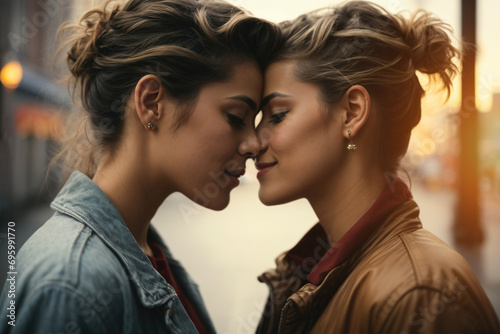 Happy lesbian gay LGBTQ same sex couple showing love and affection to each other