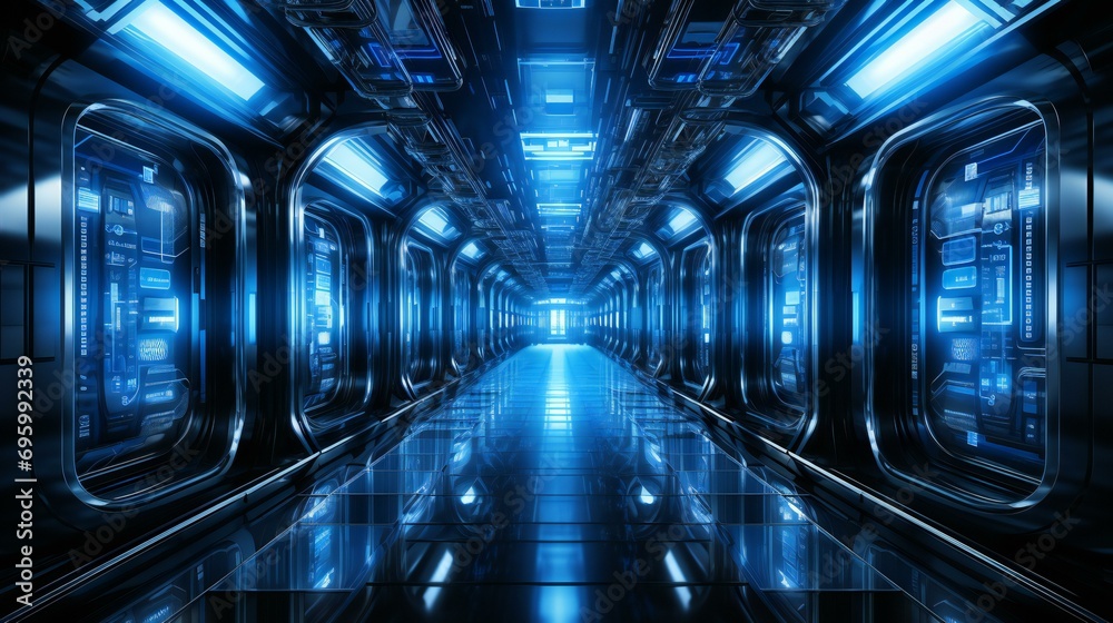 Fototapeta premium Hi-tech futuristic corridor with blue neon lights. Technology and science fiction concept