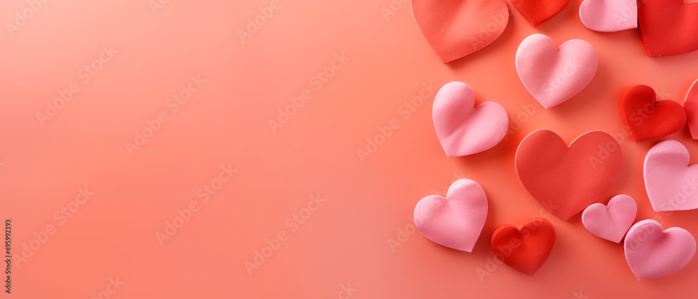 A beautiful background pink background with hearts, concept- Valentine's Day, Anniversary, Happy New Year banner, template, copy space