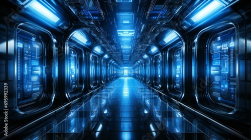 Hi-tech futuristic corridor with blue neon lights. Technology and science fiction concept