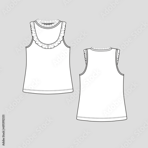 frill Neck Ruffles tank top crew neck ruffles frill detail sleeveless vest  t shirt top women fashion flat sketch technical drawing template design vector photo