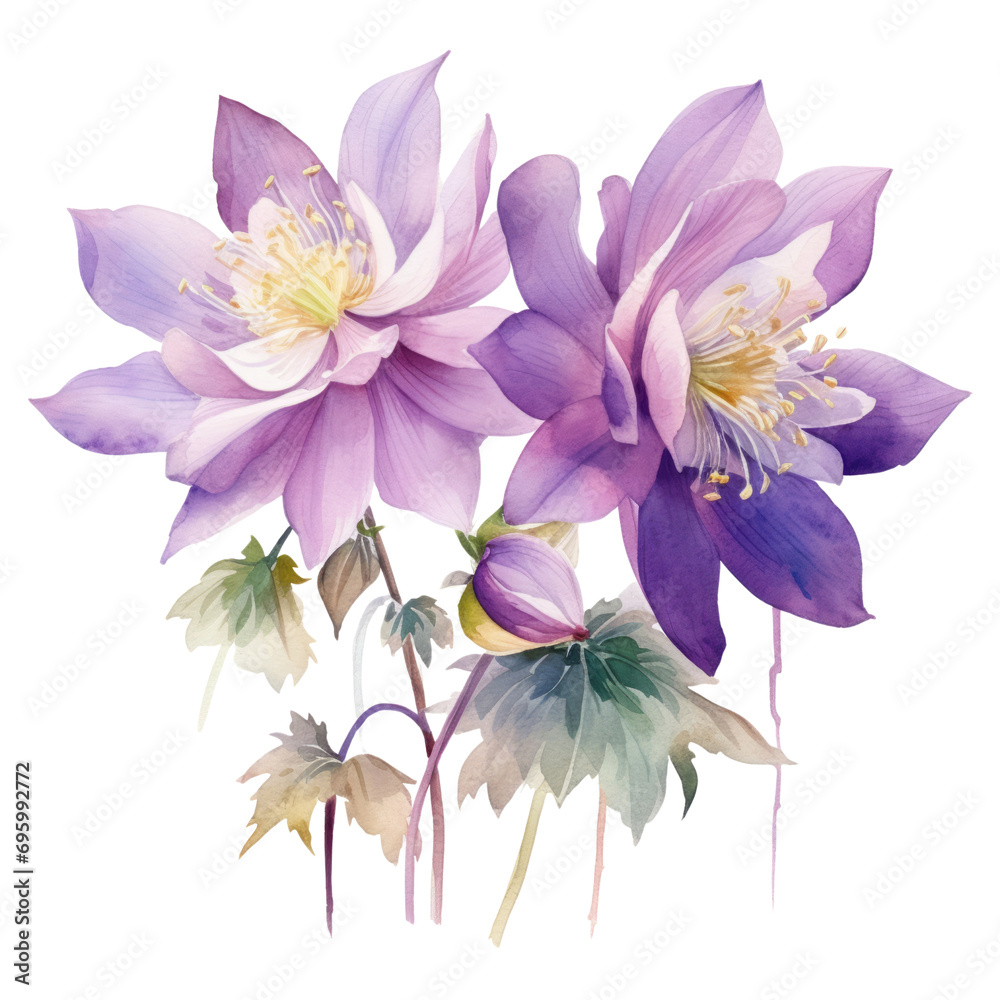 Blooming Purple Columbine Flower Bouquet Botanical Watercolor Painting Illustration