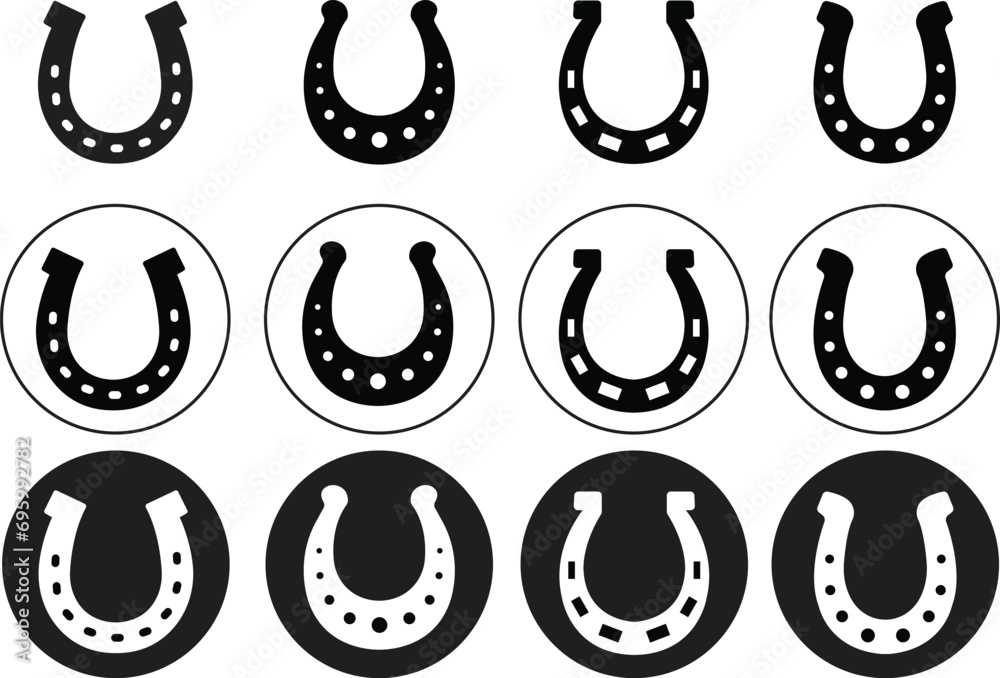 Set of Horseshoe icons. Black Fill silhouettes of horseshoes on