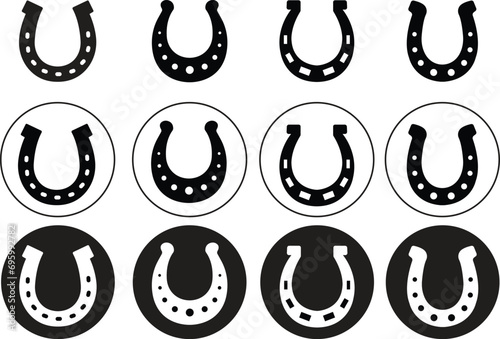 Set of Horseshoe icons. Black Fill silhouettes of horseshoes on transparent background. Horseshoes logos suitable for company logo, print, digital, icon, apps, and other marketing material purpose.