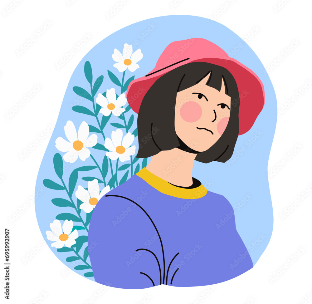 flat character portrait of a cool girl with a hat in street fashion style with flowers in the background flat character portrait of a cool girl with a hat in street fashion style with flowers in the background