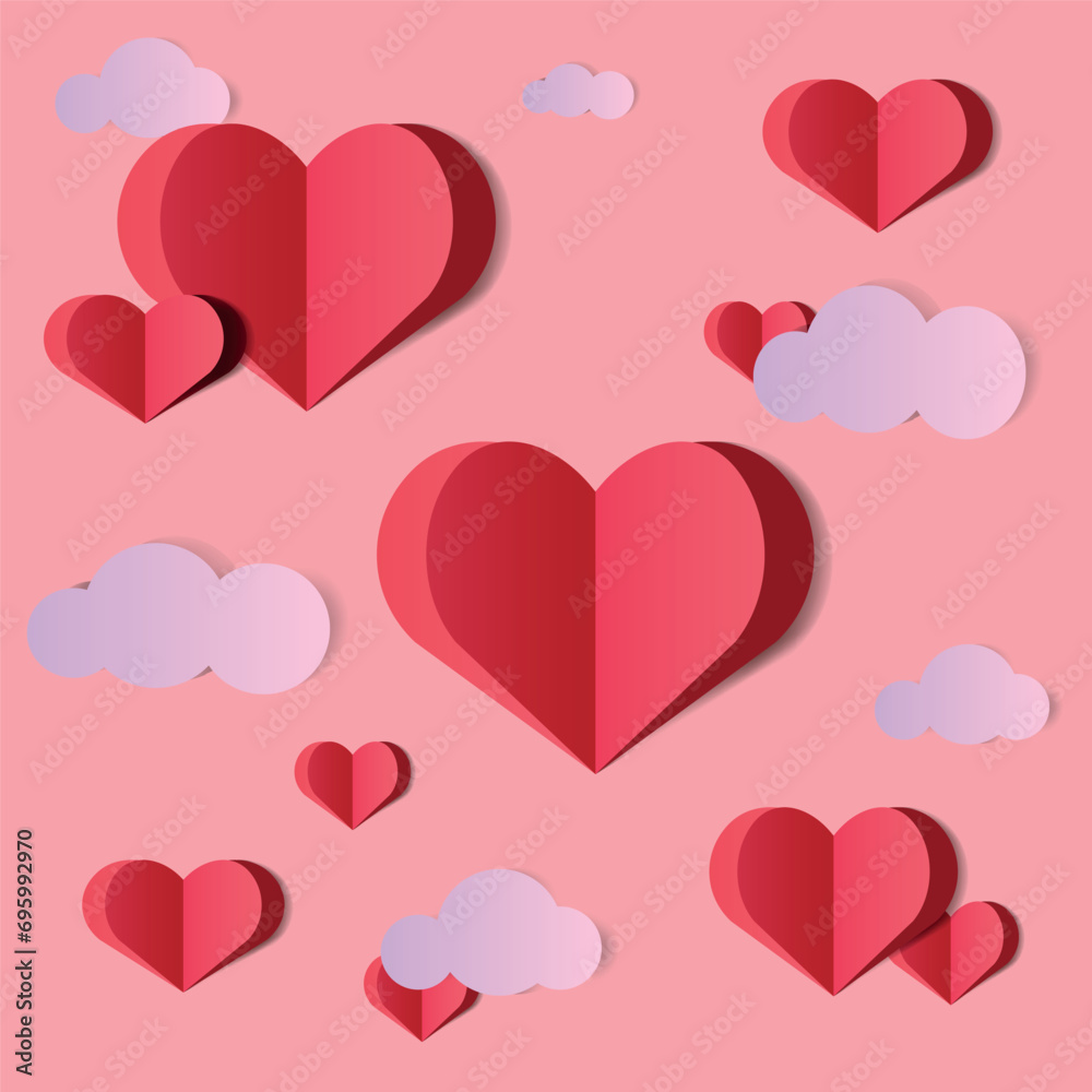 Valentines day card with paper hearts and clouds. Paper cut and craft style red heart.Vector paper art illustration.Romantic background for Valentine's Day