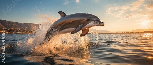 Sunset Leap: Dolphin Arcing over Sea at Dusk photo