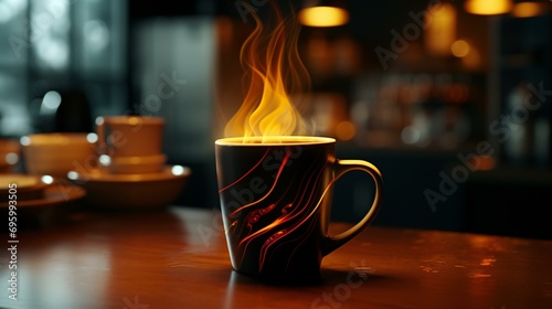 Hot drink in a vintage cup. Morning refreshment in a cozy atmosphere
