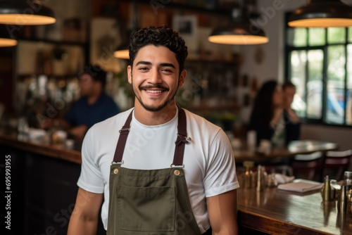 Smiling portrait of young waiter in restaurant photo