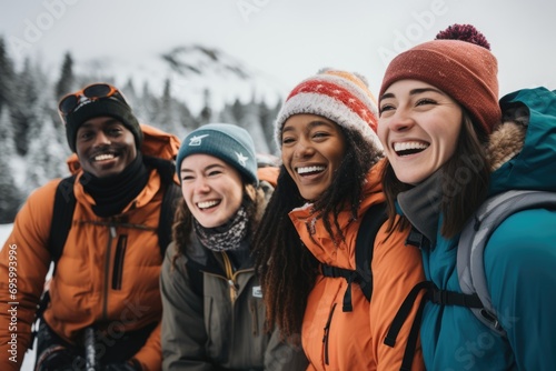 Portrait of diverse young people on snowy mountain