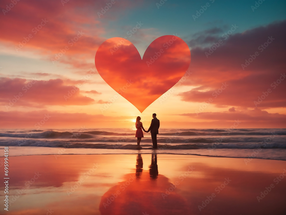 Romantic couple at the sea beach in sun set with love , Ai art