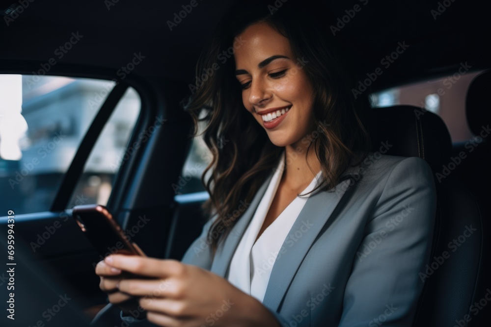 Smiling young businesswoman using smartphone in backseat of car