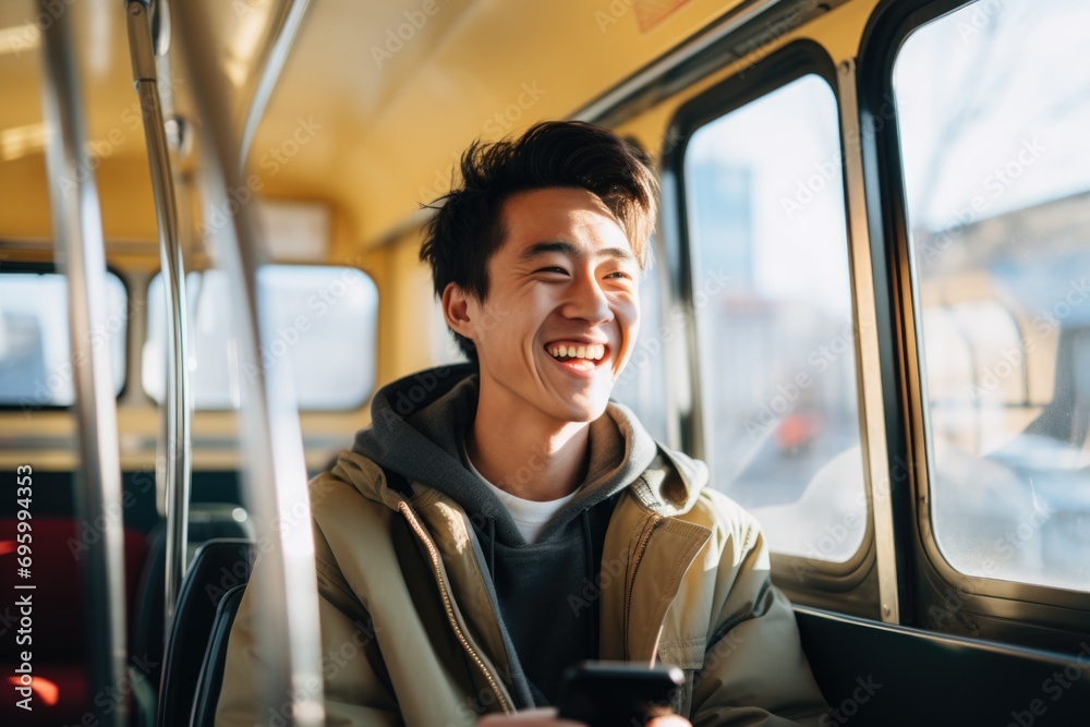 Smiling male high school student using smartphone on the bus Smiling male high school student using smartphone on the bus
