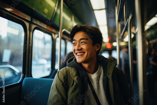 Smiling young male high school student on the bus photo
