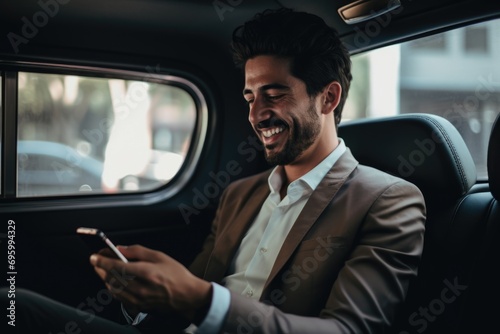 Smiling young businessman using smartphone in backseat of car © Vorda Berge