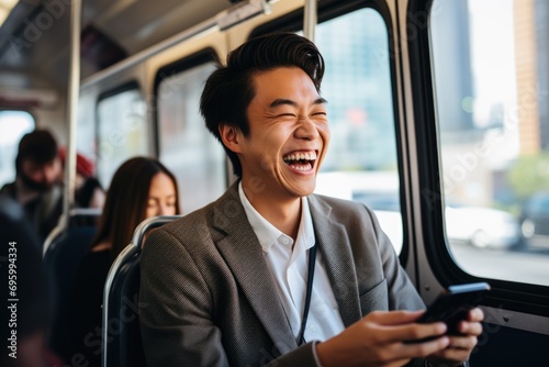 Smiling male high school student using smartphone on the bus © Vorda Berge