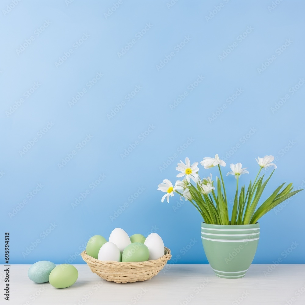 Obraz premium green and white easter eggs in a basket, spring flowers in a green pot on pastel blue background. Minimal pastel easter concept. Generative AI
