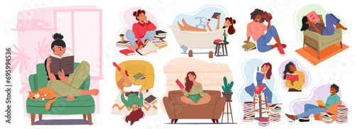 Cute Women Engrossed In Reading Books, Characters Captivated By Stories Within The Pages, Eyes Sparkling With Curiosity