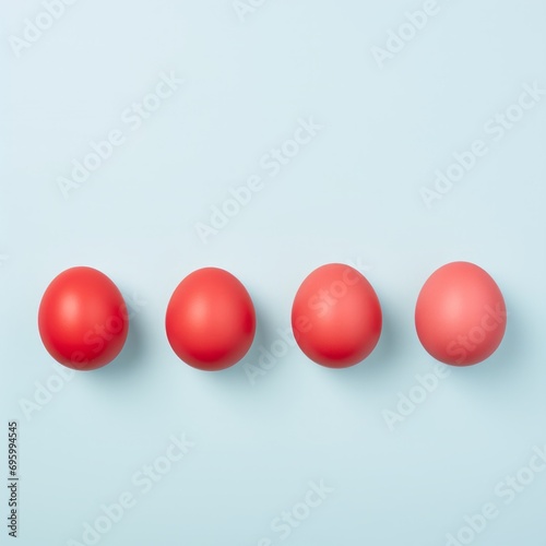 red easter eggs on pastel blue background. Minimal concept. Flat lay with copy space. Generative AI