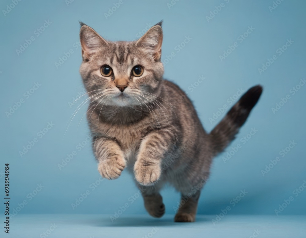 Gray lop-eared cat jumping on a blue background. Banner concept for petshops and pet niche ecommerce