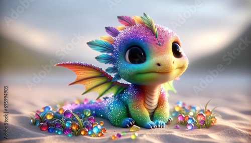 Cute rainbow little dragon. Cartoon character dragon. Fantasy Funny baby monster with big eyes. Fairy-tale hero. Children book. Illustration of tales. Toy design. Print. Copy space. Isolated