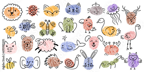 Kids Fingerprint Animal Doodles. Lion, Ladybug, Fox, Cat and Spider. Jellyfish, Deer, Bird and Fish or Butterfly, Parrot