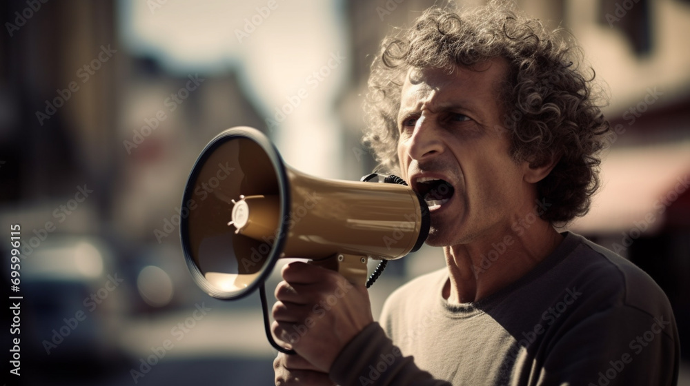 man shouting through megaphone - obrazy, fototapety, plakaty 
