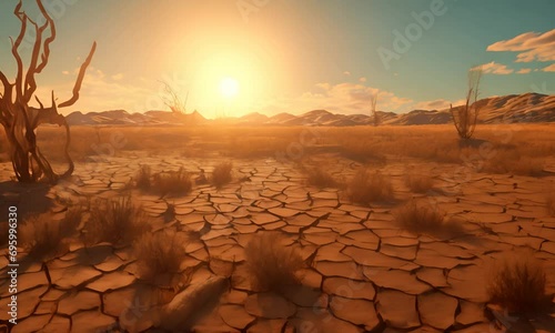 The setting sun illuminates a desert landscape with cracked earth and withered plants.