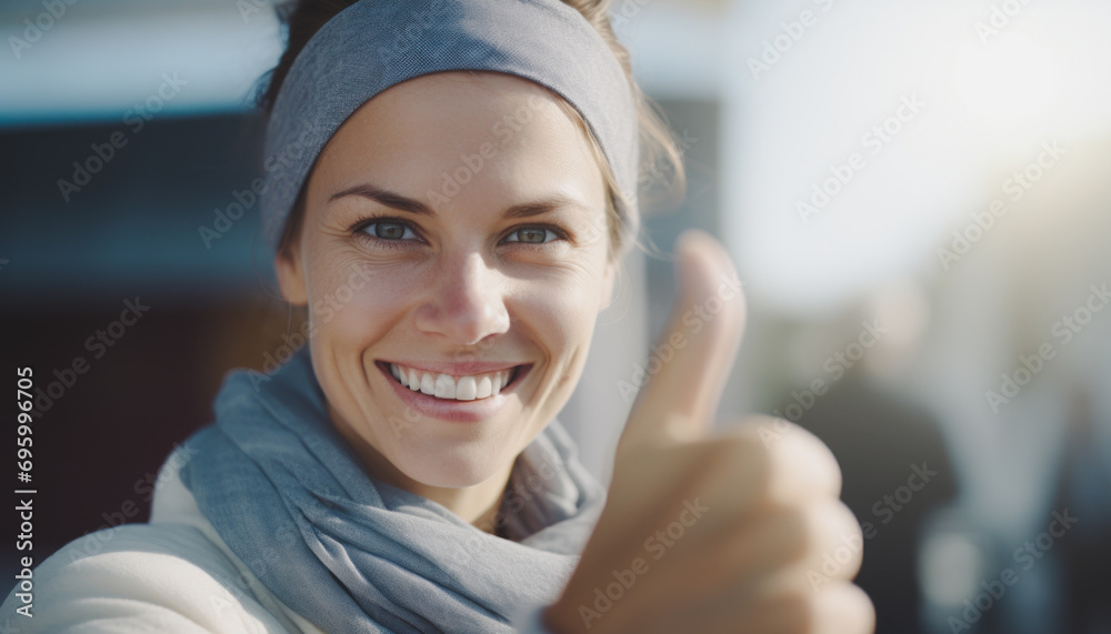 Woman show thumbs up positive feedback, Satisfied lady showing OK gesture, Excellent or good review result concept, Customer giving rating for experience or quality product and service, Opinion survey - obrazy, fototapety, plakaty 