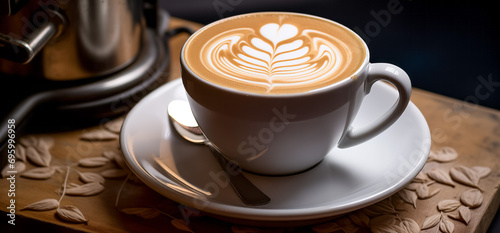 Exquisite latte art in elegant white cup on a wooden surface