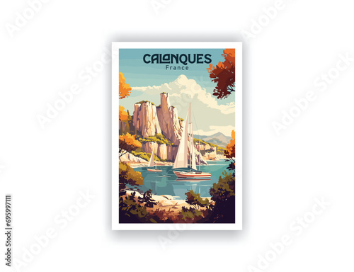 Calanques, France. Vintage Travel Posters, Vector illustration, Digital, Design, Famous Tourist Destinations, Prints Wall, Living Room Decor