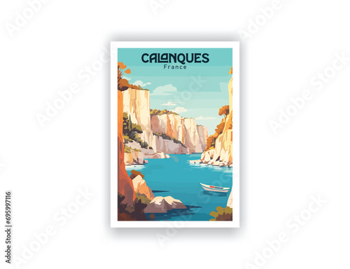 Calanques, France. Vintage Travel Posters, Vector illustration, Digital, Design, Famous Tourist Destinations, Prints Wall, Living Room Decor