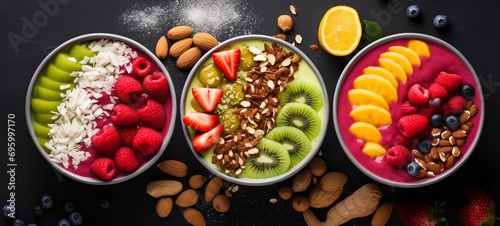 Delicious acai and fruit bowls topped with almonds and coconut flakes photo