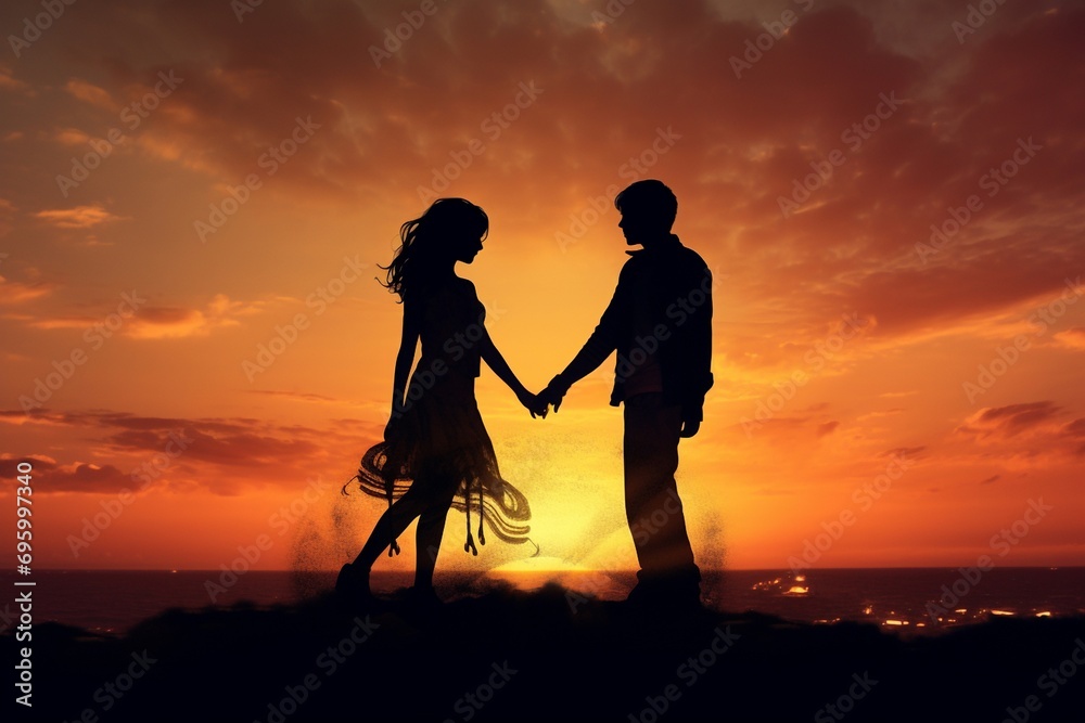 Silhouette of a loving couple holding hands on a sunset background.