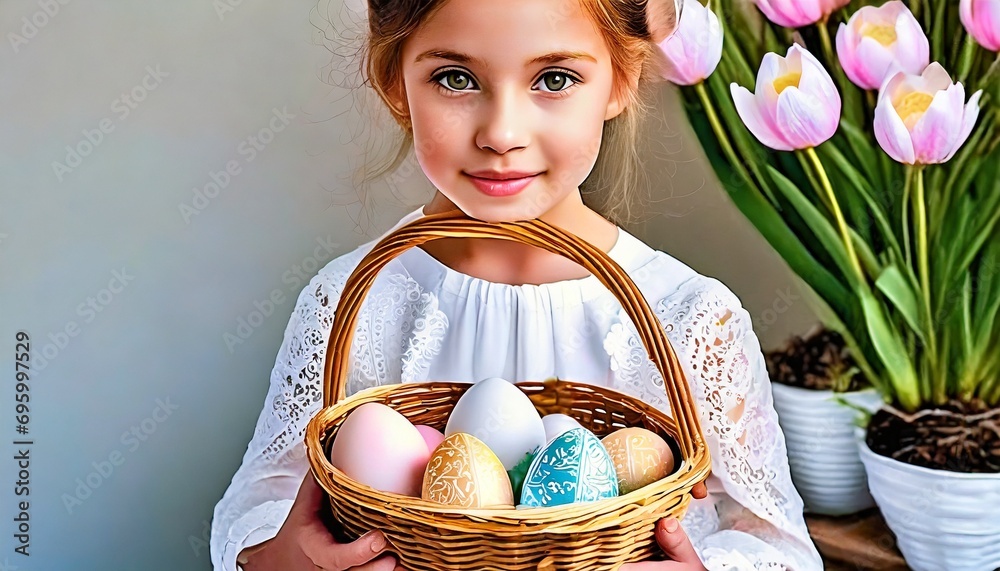 Dziewczynka trzymająca w rękach koszyk z pisankami. Motyw rodzinnych świąt wielkanocnych - obrazy, fototapety, plakaty 