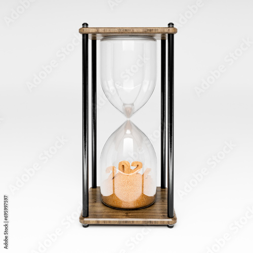 Sand watch 2024. Happy New Year. Greeting card template. 3D rendering. Loading new year to 2024.  (ID: 695997597)