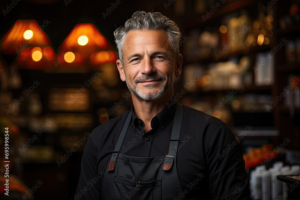 Portrait of a smiling mature male worker standing in a wine cellar. Own business concept. Business portrait. Ai generative