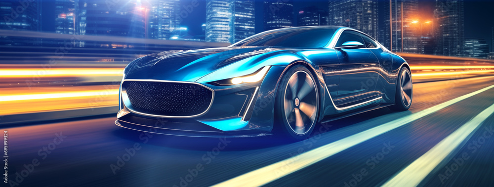 Fototapeta premium Modern luxury car riding on the highway in downtown financial center in big city