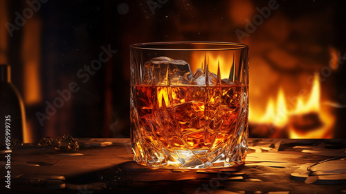 glass of cognac.A glass of whiskey with ice cubes. The atmosphere of a cozy evening. A fireplace is burning in the background. A pleasant evening.
