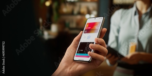 CU Man is paying with a card linked to his smartphone at the cafe